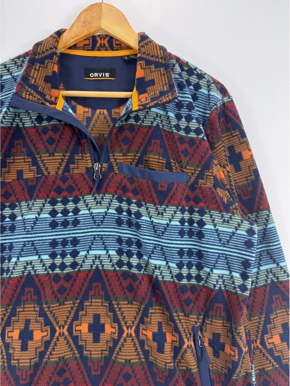 Orvis Aztec Geometric Gorpcore Outdoor Warm Fleece Pullover Quarter Zip Men's L - Picture 2 of 10